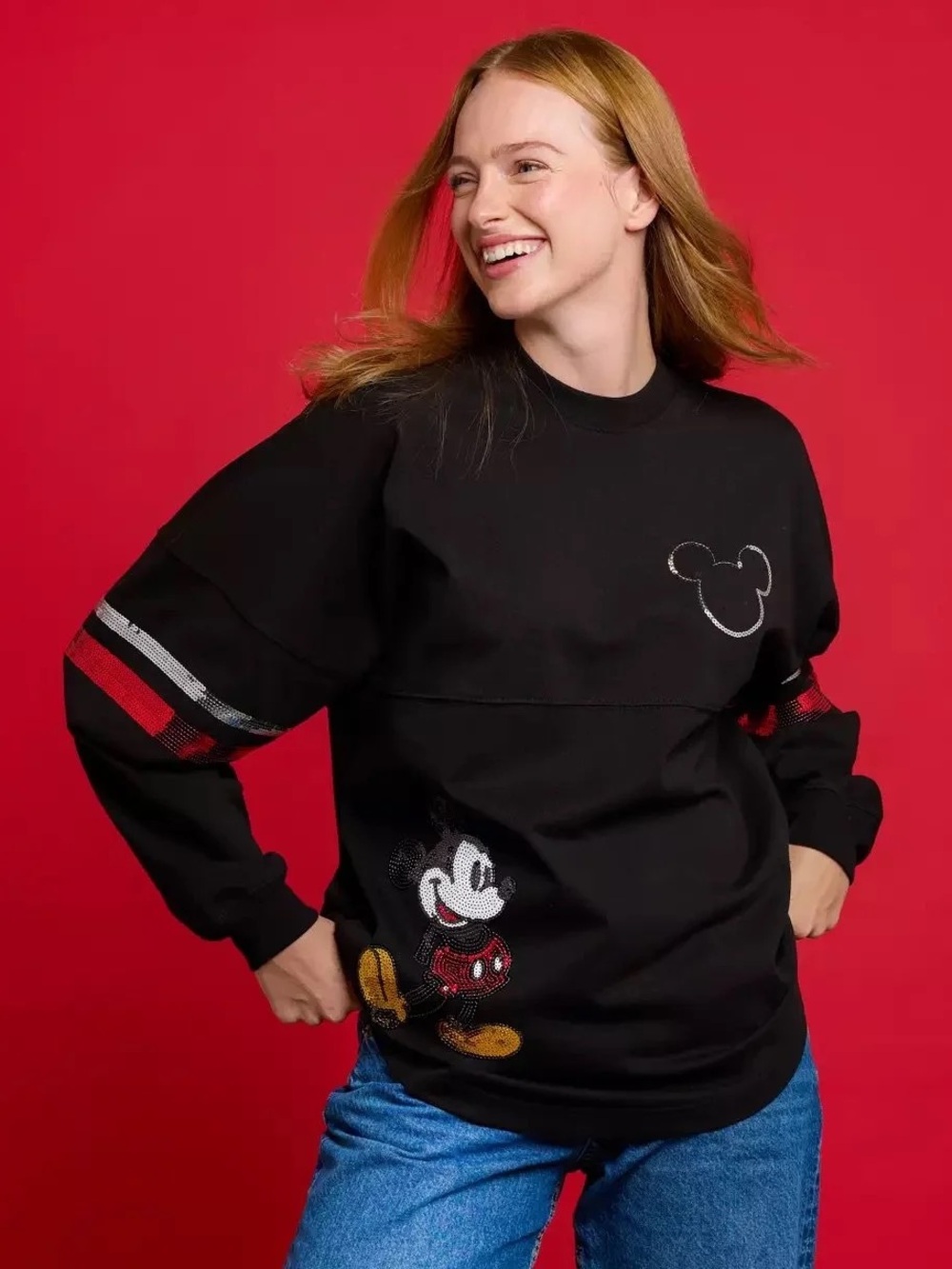 Disney Mickey Mouse Sequins Spirit Jersey Long Sleeve Spell Out Shirt Black XL